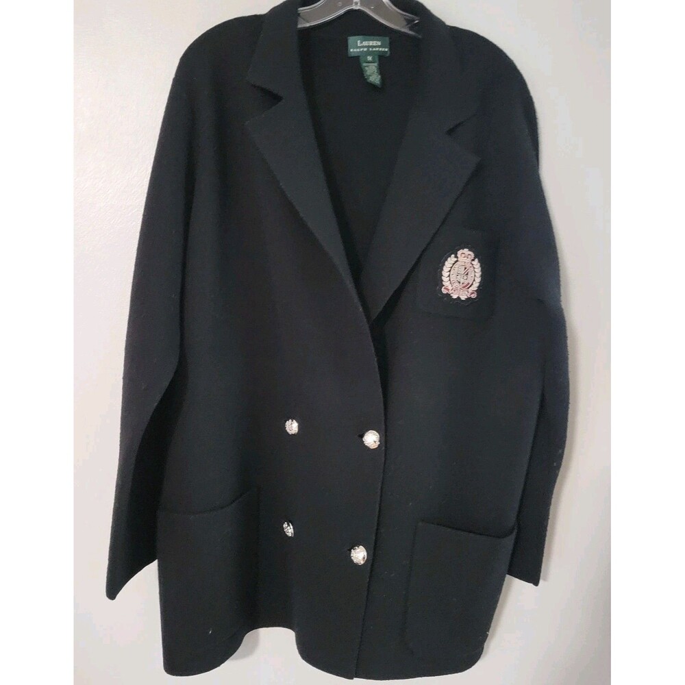 Womans vintage Ralph Lauren Black crest sweater blazer 1X double breasted wool